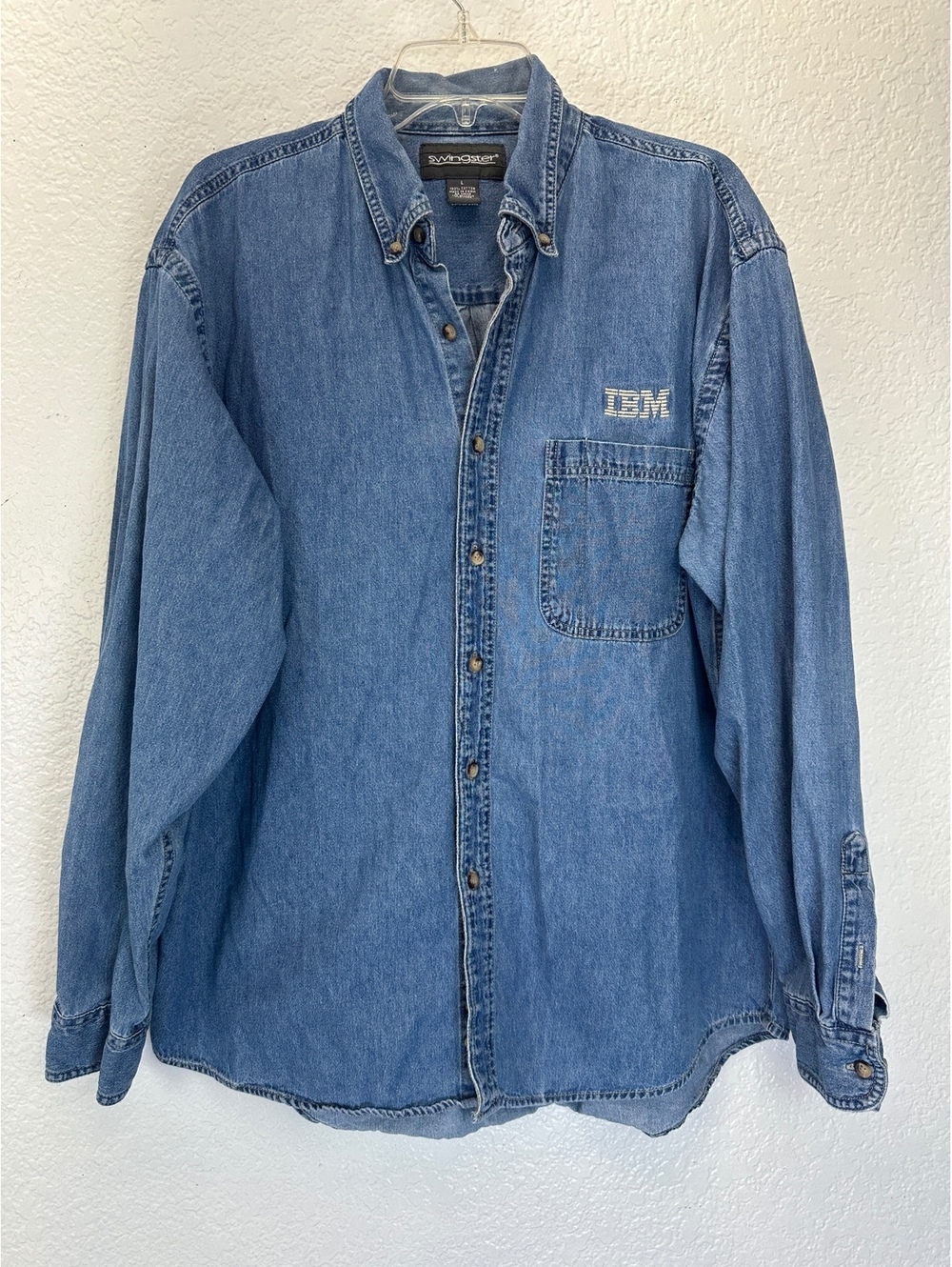 Swingster Workwear Sz L Blue Denim IBM Long Sleeve Button Up Shirt Vtg 1990s